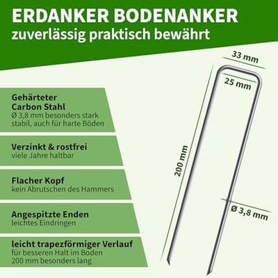 50 Grondankers 200 x 25 x Ø 3,8 mm - Verzinkt en Gehard Koolstofstaal voor Tuin en Camping