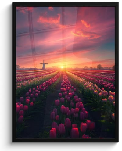 Poster in lijst - Fotolijst 50x70 cm - Posters - Windmolen - Zonsondergang - Landschap - Posterlijst zwart - Decoratie - Wanddecoratie woonkamer - Muurdecoratie slaapkamer
