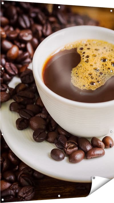 Gards Tuinposter Kopje Koffie met Koffiebonen - 100x150 cm - Tuindoek - Tuindecoratie - Wanddecoratie buiten - Tuinschilderij