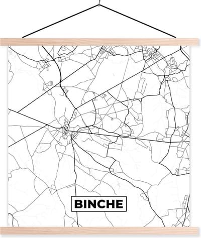 Posterhanger incl. Poster 40x40 cm - Schoolplaat - Zwart Wit – België – Plattegrond – Stadskaart – Kaart – Binche - Textielposter - Blanke latten - Stadskaart