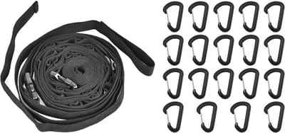 Waslijn voor buitenkamperen - Ophangtouw voor kamperen - Opbergriem voor op de camping - Ophangrek voor aan een boom - 59x2.5cm-Met 19 karabiners - Voor het ophangen van kampeerspullen en diverse andere items - Geschikt voor buitenkamperen - Zwart