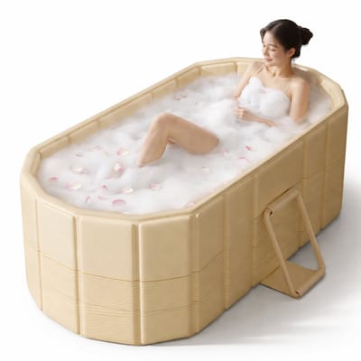 Norvia - Opvouwbaar Bad voor Volwassenen - Inklapbaar Ligbad - 150 cm - Met Afvoerslang - Voor Warm en Koud Water - Beige