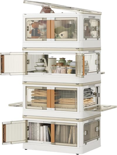 Opslagdozen met Deksel - 32 L, 4 Stuks, Stapelbare Plastic Boxen, Vouwbare Opbergdozen met Deur en Wielen, Transparant en Stevig, Ideaal voor Organisatie en Ruimtebesparing