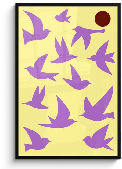 Poster in lijst - Fotolijst 80x120 cm - Posters - Vogels - Cirkel - Geel - Beweging - Posterlijst zwart - Decoratie - Wanddecoratie woonkamer - Muurdecoratie slaapkamer