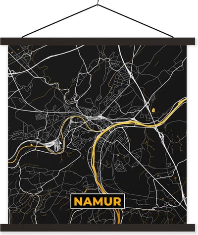 Posterhanger incl. Poster 60x60 cm - Schoolplaat - Stadskaart - Namur - Goud - Plattegrond - Kaart - Textielposter - Zwarte latten - Stadskaart