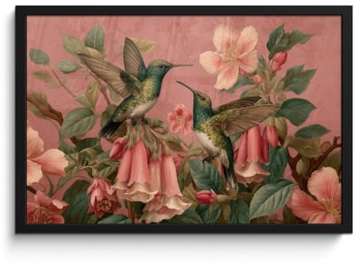 Poster in lijst - Fotolijst 60x40 cm - Posters - Kolibries - Bloemen - Groen - Roze - Posterlijst zwart - Decoratie - Wanddecoratie woonkamer - Muurdecoratie slaapkamer