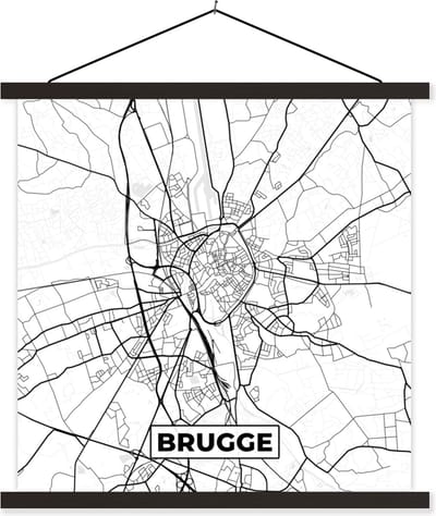 Posterhanger incl. Poster 60x60 cm - Schoolplaat - Zwart Wit – België – Plattegrond – Stadskaart – Kaart – Brugge - Textielposter - Zwarte latten - Stadskaart