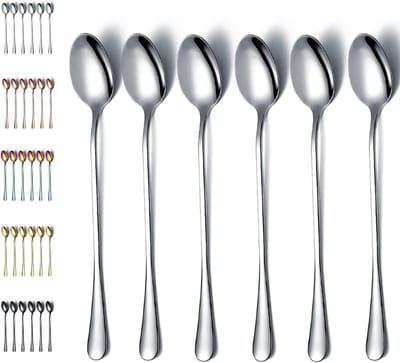 Roestvrijstalen IJslepels met Lange Handgreep, Set van 6 voor IJs, Cocktails en Latte Mixen