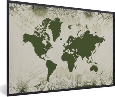 Poster in lijst - Fotolijst 90x60 cm - Posters - Wereldkaart - Bloemen - Groen - Posterlijst zwart - Decoratie - Wanddecoratie woonkamer - Muurdecoratie slaapkamer