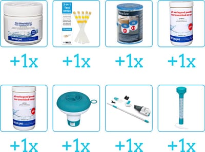 Zwembad Onderhoudspakket - Onderhoud Zwembad - bevat Chloor - Testrips - Filters - PH-min - PH-plus - Chloordrijver - Stofzuiger en Thermometer (8-delig)