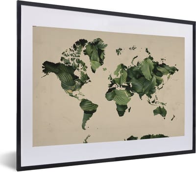 Poster in lijst - Fotolijst 60x40 cm - Posters - Wereldkaart - Bladeren - Groen - Posterlijst zwart - Decoratie - Wanddecoratie woonkamer - Muurdecoratie slaapkamer