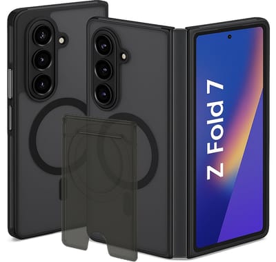SnapSkin Hoesje & Pasjeshouder geschikt voor Samsung Galaxy Z Fold 7 - Geschikt voor MagSafe Case - Magnetische Kaarthouder - Semi-Transparant Zwart