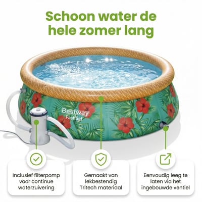 Bestway Rond Opblaasbaar Fast Set Zwembad - Paradijsprint - 457 x 84 cm - Inclusief Pomp - Onderhoudspakket - Solar Mat - Grondzeil - Filter - Stofzuiger - 7-delig