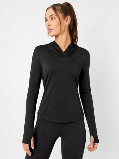 SparkNine Serenity fitness hoodie dames - met capuchon & split-back design - S - zwart - dames sporttop - stijlvolle sportrui - ademend & sneldrogend