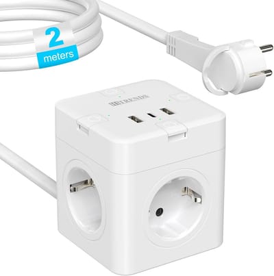 Stekkerblok Kubus met USB-C, USB A en 4 Stopcontacten - Platte Stekker, Aan/Uit Schakelaar, 2m Kabel