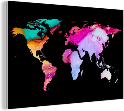 Wanddecoratie Metaal - Aluminium Schilderij Industrieel - Wereldkaart - Waterverf - Regenboog - 180x120 cm - Dibond - Foto op aluminium - Industriële muurdecoratie - Voor de woonkamer/slaapkamer