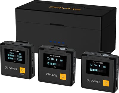 7RYMS iRay DW20 PRO 2.4G Dual-channel Draadloze microfoon-set - Met oplaadbox - Microfoon met 2 zenders - Geschikt voor o.a. smartphone / tablet / camera / PC - Dasspeld microfoon - Plug&Play - Zwart/Geel