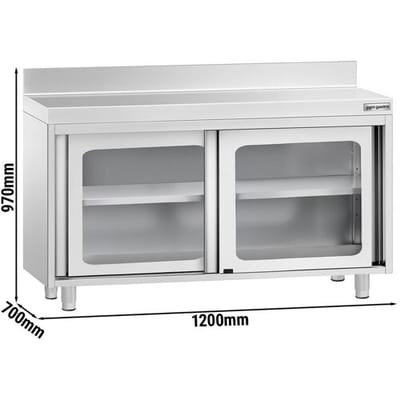GGM Gastro Edelstahl Arbeitsschrank PREMIUM - 1200x700mm - mit Glasschiebetür & Aufkantung
