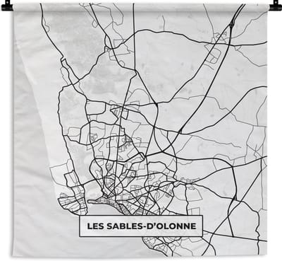 Wandkleed - Wanddoek - Frankrijk - Kaart - Les Sables-D'olonne - Plattegrond - Stadskaart - Zwart wit - 180x180 cm - Wandtapijt