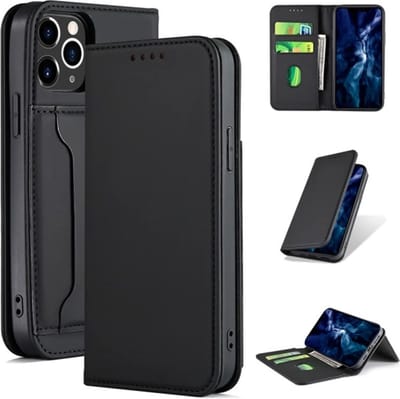 BukkitBow -  Leather Wallet Case - Kunstleer - Card Case – Kaarthouder - Sleeve voor Pasjes Houder - Multi Stand Functie – Met Magneet Sluiting - Hoesje voor iPhone 13 Pro Max – Zwart