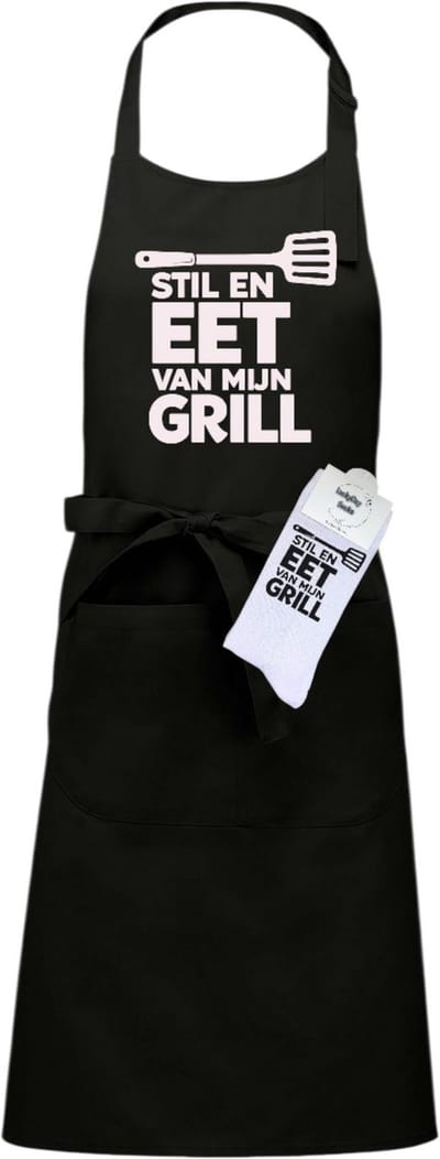Keukenschort en sokken met tekst - Giftset - Stil en eet van mijn grill - Moederdag - Vaderdag - Zwart - Verstelbaar - Cadeau idee - Verjaardag - Cadeau dames en heren - Liefste Opa en Oma cadeau - Kerst cadeau - Grappig cadeau - Onesize
