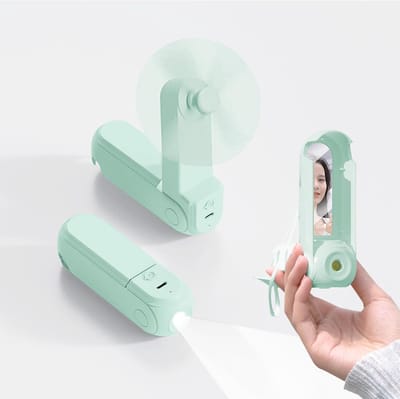 Handventilator, 4-in-1 draagbare persoonlijke ventilator met spiegel, zaklamp en telefoonhouder, mini opvouwbare bureauventilator, werkt op een oplaadbare USB-batterij, 6-20 uur batterijduur, geschikt voor reizen en kamperen (groen).