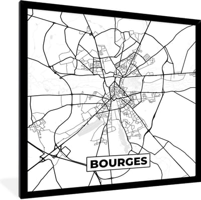 Fotolijst incl. Poster Zwart Wit- Bourges - Frankrijk - Stadskaart - Plattegrond - Kaart - Zwart wit - 40x40 cm - Posterlijst