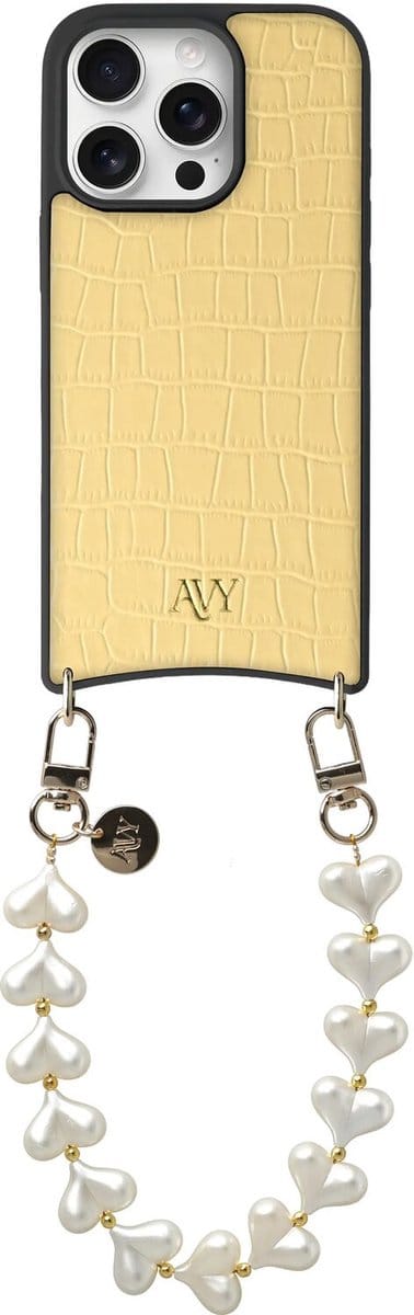 AVY Leren Hoesje Geschikt voor Apple iPhone 16 Pro | Compatibel met MagSafe | Leather Case met Telefoonkoord | Polsband | Croco Geel | Cupid Pearl