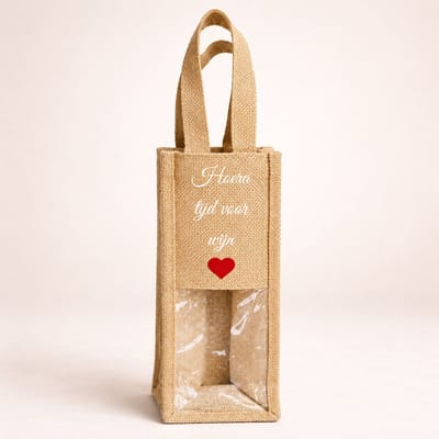Jute Wijntas - Hoera Tijd voor Wijn - Cadeautas voor Wijnfles - Herbruikbaar - Verjaardag Cadeau