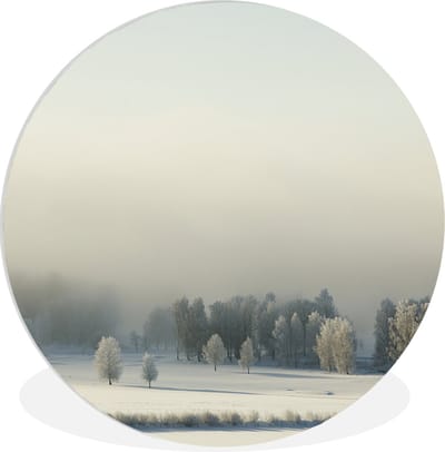 WallCircle - Wandcirkel 90x90 - Uitzicht op een winterlandschap tijdens een mistige dag in Zweden - Ronde schilderijen woonkamer - Wandbord rond - Muurdecoratie cirkel - Kamer decoratie binnen - Wanddecoratie muurcirkel - Woonaccessoires