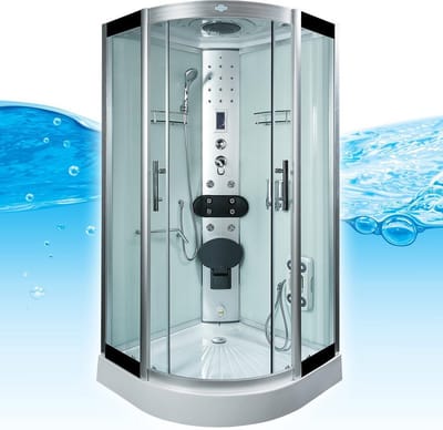 Complete Gesloten Douchecabine 90X90X215 Enla. THERMOSTAATKRAAN. Luxe, Kit-Vrij, Wit, Veiligheidsglas, LED, Radio, Speakers, Zitje, Massage, Hoekmodel, Kwartrond, Schuifdeuren, Douchebak, Afvoer, Sifon, Verschillende, Full Options. Royal Sanitair