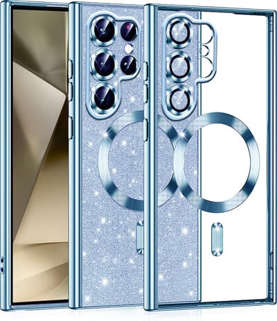 Hoesje geschikt voor Samsung Galaxy S22 Ultra - Techsuit Luxury Glitter Back Cover - Geschikt voor MagSafe - Lichtblauw