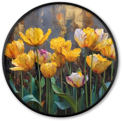 Poster in lijst Rond - Fotolijst 60x60 cm - Posters - Tulpen - Geel - Penseelstreken - Abstract - Ronde posterlijst zwart - Decoratie - Wanddecoratie woonkamer - Muurdecoratie slaapkamer