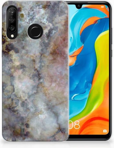 Huawei P30 Lite TPU Siliconen Hoesje Marmer Grijs