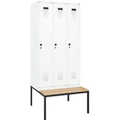 C+P Evolo Plus garderobekast, 3 vakken, 300 mm vakbreedte, met bank eronder, B 900 x D 815 x H 2120 mm, draaigrendel, verkeerswit/verkeerswit