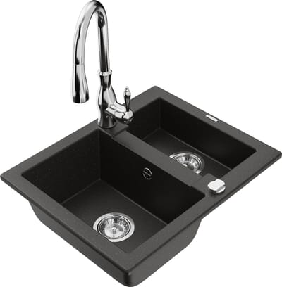 Mexen Carlos granieten spoelbak 1,5-komor met keukenmengkraan Savita, zwart/gouden metallic - 6518-75-672601-00