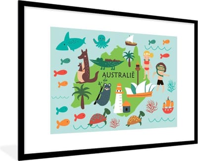 Wereldkaart Kinderen - Australië - Dieren - Schoolplaat - Kinderkamer - 120x80 cm