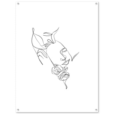 Tuinposter 90x120 cm - Tuindecoratie Abstracte line art van een koppel en rozen op een witte achtergrond - Poster voor in de tuin - Buiten decoratie - Schutting tuinschilderij - Tuindoek muurdecoratie - Wanddecoratie balkondoek