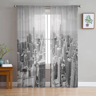 Chicago City Skyline Silhouet Landschap Transparante Gordijnen voor Woonkamerdecoratie Raamgordijnen Keuken Tule Voile Gordijnen W135 x H160cm x1