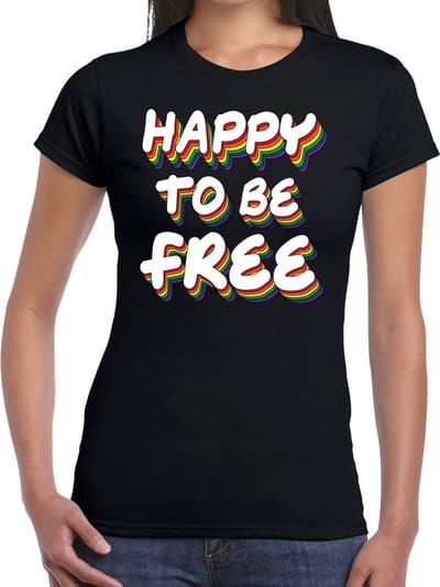 Happy to be free - gay pride t-shirt zwart 3D regenboog voor dames - lgbt kleding XS