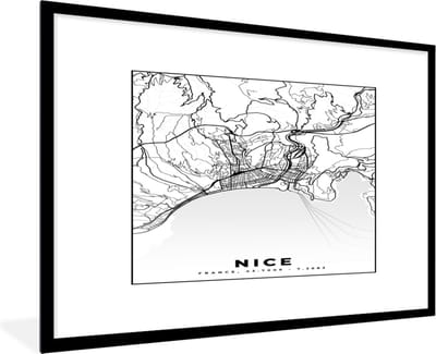 Fotolijst incl. Poster Zwart Wit- Kaart - Nice - Plattegrond - Frankrijk - Stadskaart - Zwart wit - 120x80 cm - Posterlijst