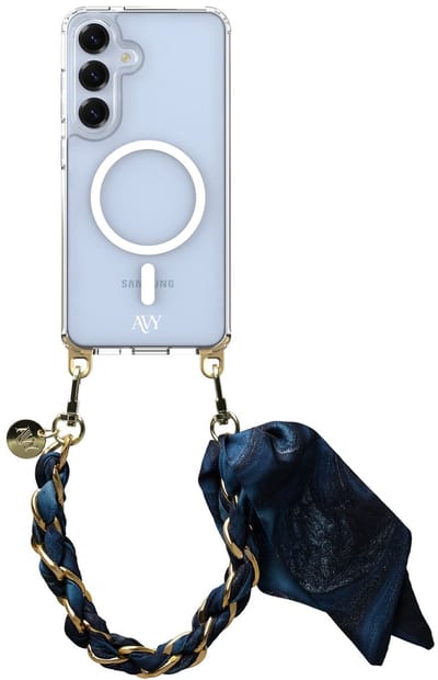 AVY Hoesje geschikt voor Samsung Galaxy S25 / S24 | Compatibel met MagSafe | Clear Case met Telefoonkoord 32CM | Polsband Obscura Blue