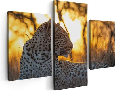 Artaza Canvas Schilderij Drieluik Luipaard Tijdens De Zonsondergang - 90x60 - Foto Op Canvas - Canvas Print