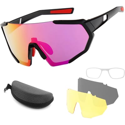 Fietsbril met 2 verwisselbare lenzen UV400 Sportzonnebril MTB Racefietsbril voor heren rood/zwart