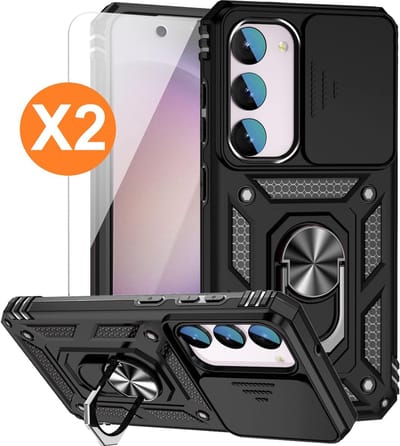 Hoesje Geschikt Voor Samsung Galaxy S23 FE hoesje Zwart met Ring Houder en camera bescherming - Met Screenprotector - 2 stuks