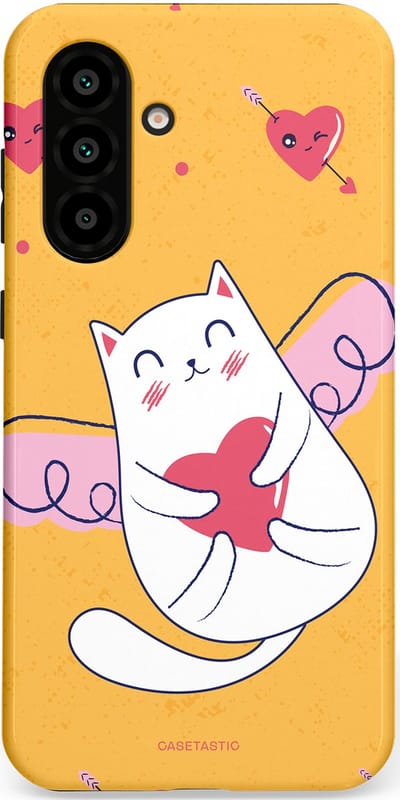 Casetastic Hoesje Geschikt voor Samsung A56 / A36 - Stijlvolle Beschermende Duo-layer Case - Kattenflirt Geel Rode Hartjes Liefde