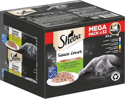 Heerlijke kattenvoeding in saus met zalm, tonijn, kip en eend - 32 x 85g