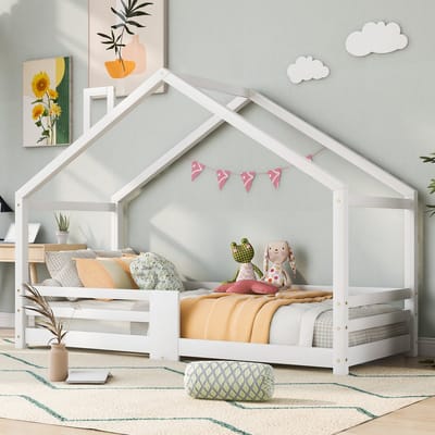 Huisbed kinderbed met schoorsteen en valbeveiliging - Kinderslaapkamer 90x200 cm - Wit - Massief grenenhout - Inclusief lattenbodem - Decoratieve schoorsteen - 120 kg draagvermogen