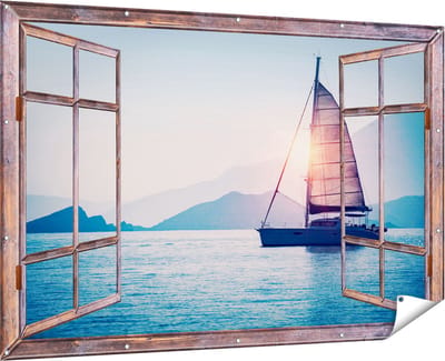 Gards Tuinposter Doorkijk Zeilboot bij Zonsondergang - 180x120 cm - Tuindoek - Tuindecoratie - Wanddecoratie buiten - Tuinschilderij