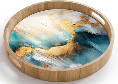 Dienblad rond 40x40 cm - Schootdienblad hout - Abstract - Kunst - Gold - Blauw - Borrelplank rechthoek - Plateau houten dienbladen
